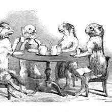 Cats are sitting around a table having tea while another plays the piano