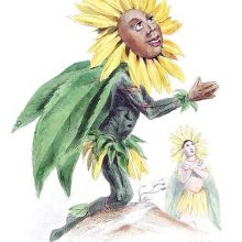 A sunflower is depicted as a kneeling male figure looking at the sky with his hands together