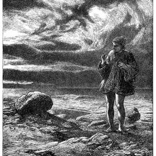 A man stands alone on a beach in an vigilant posture under the darkening sky