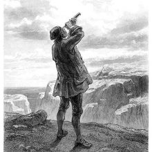 Gulliver stands at the edge of a cliff, looking with a telescope at a city hovering in the sky