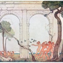 Youths are dancing in a ring among the ruins of an antique building as birds flutter about them