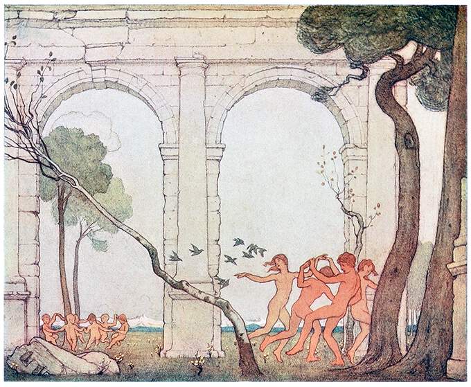 Youths are dancing in a ring among the ruins of an antique building as birds flutter about them