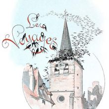 View of a church spire busy with a large gathering of swallows