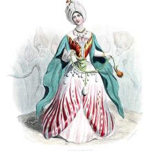 A tulip is depicted as a woman wearing a turban and pearls hanging from her belt