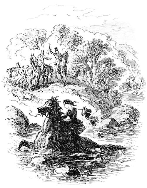 A woman rides a horse in a river as men on horseback wave at her from the bank