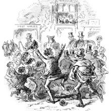 A crowd is cheering and gathering around a horse-drawn carriage in which two men are sitting