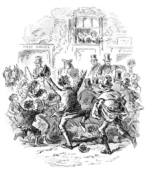 A crowd is cheering and gathering around a horse-drawn carriage in which two men are sitting