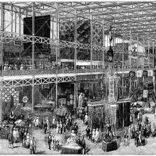 Bird's eye view of the western nave of the Great Exhibition showing stalls of the India department