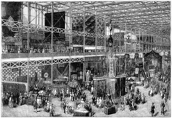 Bird's eye view of the western nave of the Great Exhibition showing stalls of the India department