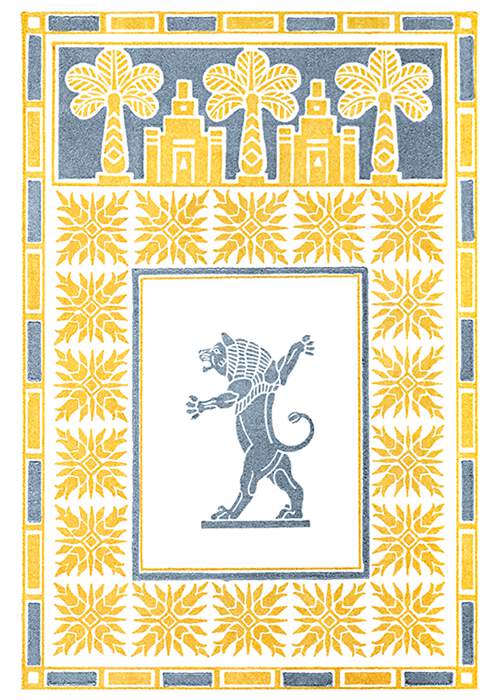 A lion, stylized in a way reminiscent of Assyrian art, stands in a threatening posture