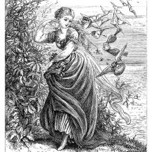 A woman walks on the shore of an island, followed by winged hearts fluttering about her