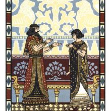 A man and a woman are seen from the side, facing each other, and represented in the Assyrian style