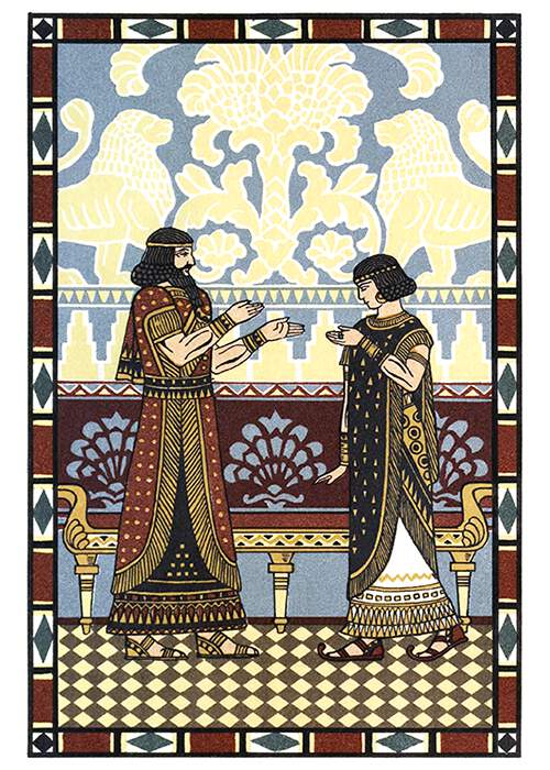 A man and a woman are seen from the side, facing each other, and represented in the Assyrian style
