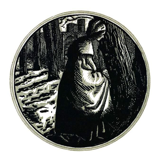 A woman stands in the woods, at night, praying in front of an oak tree