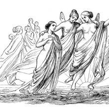Two winged female creatures are showing the way to a woman rising from the sea