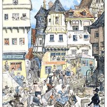 A circus parade makes its way through town as people watch it pass