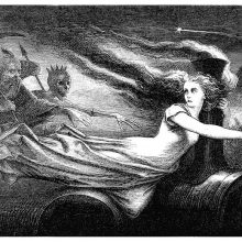 A female figure floats in the night, leading the way for Time and Death following behind her