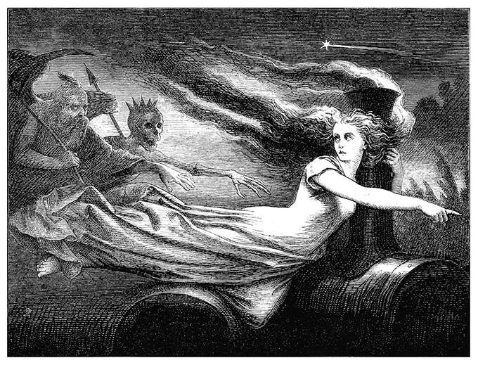 A female figure floats in the night, leading the way for Time and Death following behind her
