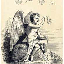 A putto is sitting on a rock and blows soap bubbles inside which tiny creatures are enclosed