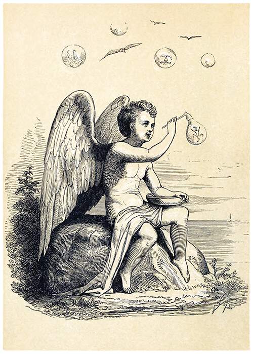 A putto is sitting on a rock and blows soap bubbles inside which tiny creatures are enclosed
