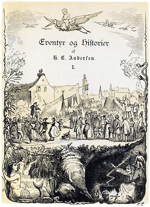 Half-title of Andersen's Fairy Tales showing a boy riding a crane over a village fair, etc.