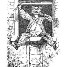 A man sitting on a windowsill pulls off his side whiskers out of rage and despair