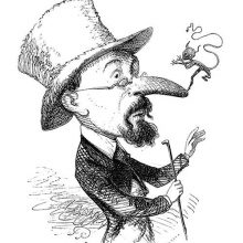 A man wearing a top hat looks at a mischievous tiny devil dancing at the tip of his nose
