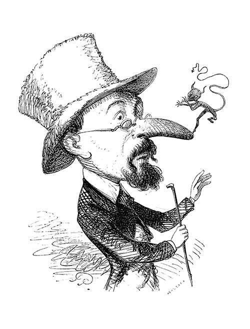 A man wearing a top hat looks at a mischievous tiny devil dancing at the tip of his nose
