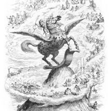 An imp-like creature stands on the back of a winged horse ready to fly off the top of a mountain