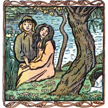 A boy and a girl are sitting on a riverbank and look at a tree standing in the foreground