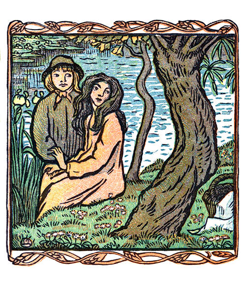 A boy and a girl are sitting on a riverbank and look at a tree standing in the foreground