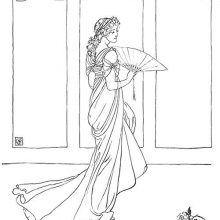A woman with a fan is seen slightly from behind as she looks down to her right