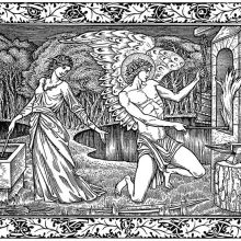 Cupid is busy at an outdoor forge holding an arrow in the fire and working the bellows