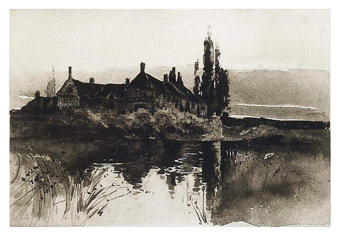 A half-timbered house looking somewhat run-down can be seen behind a hedge, beyond a pond