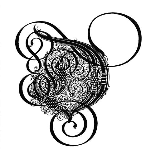 Calligraphed initial D in elegantly flourished sixteenth-century style