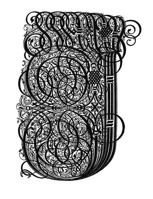 Calligraphed initial J in heavily flourished sixteenth-century style