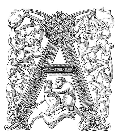 Carolingian initial A showing figures, interlace patterns, and foliated ornaments