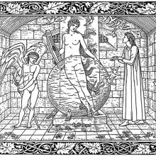 A woman stands with a string instrument behind a translucent orb, flanked by a blindfolded Cupid