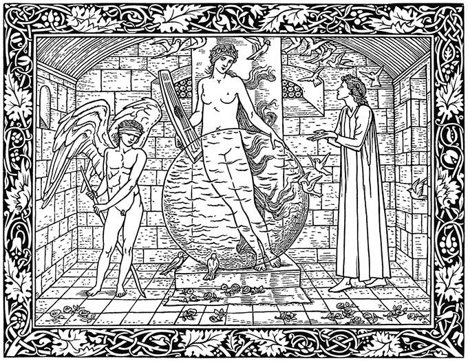 A woman stands with a string instrument behind a translucent orb, flanked by a blindfolded Cupid