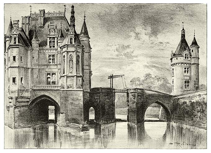 View of the Château de Chenonceau showing the chapel and the nearby drawbridge