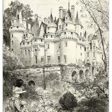 View of the château d'Ussé showing a bridge and a woman with a little girl in the foreground