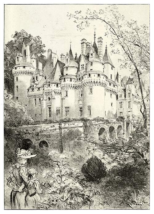 View of the château d'Ussé showing a bridge and a woman with a little girl in the foreground
