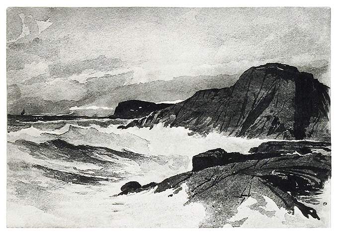 View of a rocky shore and cliff beaten by the waves, as seen from sea level