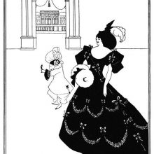 A woman in black gives the viewer a side look as a Pierrot-like character stands behind her