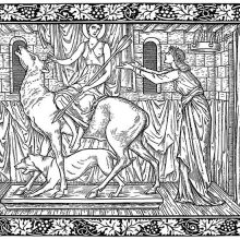 A woman gestures in a pleading fashion to a female figure riding a hind sidesaddle