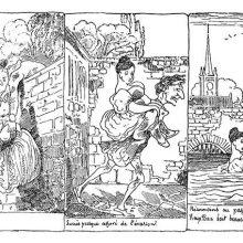 A man helps his fiancée climb over a wall and carries her on his back on land and across a moat
