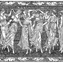 Scene showing a group of young women dancing in a garden fenced with hedge and latticework