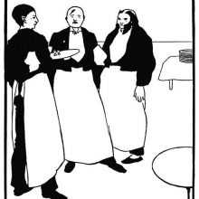 Three waiters in their working attire stand side by side, one of them wearing bushy side whiskers