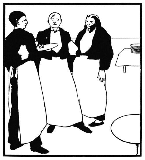 Three waiters in their working attire stand side by side, one of them wearing bushy side whiskers
