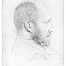 Sketched profile portrait of Henry James with a handwritten dedication by John S. Sargent